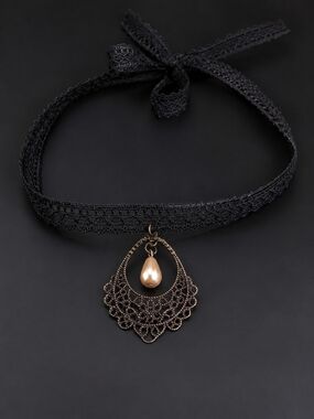 Elegant Black Lace Choker with Gold Teardrop Pendant